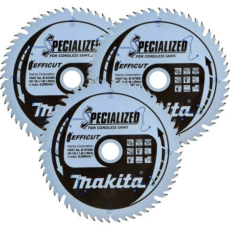 3x Makita B-57320 165mm x 20mm 56 Teeth Efficut Cordless Plunge Saw Blade DSP600 (1/4)