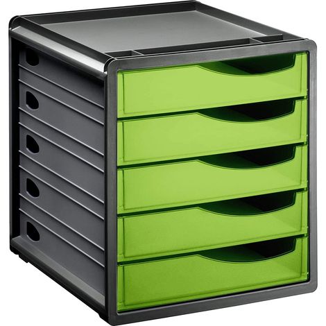 Rotho Spacemaker Cassettiera / scatola da ufficio con 5 cassetti, Plastica (PS) senza BPA, verde/nero, 33,5 x 28,5 x 32,0 cm (1/5)