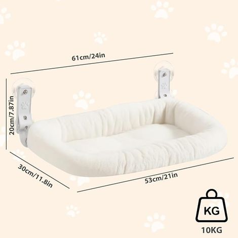 Hamac pour chat, chaise longue avec ventouses et rembourrage en tissu double face amovible, pliable, pour chat, fenêtre, perche, pour fenêtre et mur, 30 x 52 cm, blanc (1/4)
