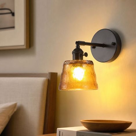 Applique murale rétro verre épais interrupteur intégré E27 tête orientable 90° corps fer robuste pour chambre salon (1/5)