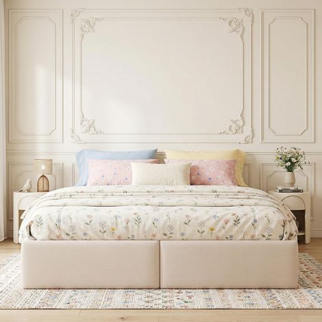 Lit coffre 140x190, Lit double 140x190 - Sans Tête de Lit, avec 2 Grands Tiroirs et Sommier à Lattes, Style scandinave - Beige (1/5)