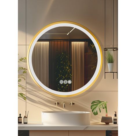 80cm Specchio Bagno Led Luce Rotondo con Cornice Alluminio Dorato, Cinghia, Dimmerabile Luce, Antiappannamento, Interruttore Touch, Memoria (1/5)