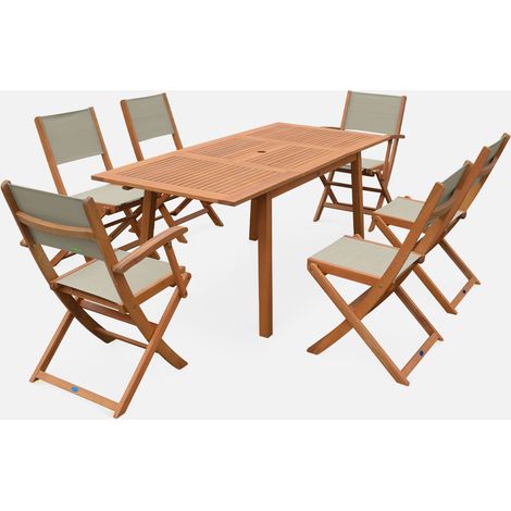 Mesa de jardín de madera extensible, 6 sillas
