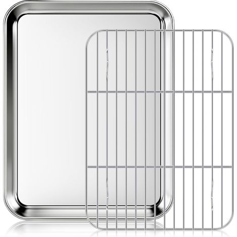 Plaque à pâtisserie avec grille, plaque pour four en acier inoxydable 28.7 x 23.4 x 2.8 cm, pour cuire, rôtir et servir (1/4)
