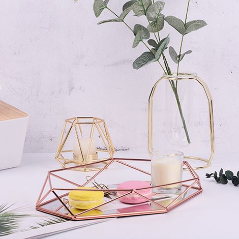 Miroir de salle de bain hexagonal en métal doré, plateau de rangement pour cosmétiques et bijoux. (1/5)