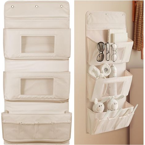 3-Tier Over-the-Door Storage Organizer - Wall-Hanging Storage Bag with Mesh Pockets and 3 Adhesive Hooks for Bedroom, Bathroom, Closet - Beige (1/5)