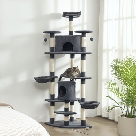 Griffe-Arbre pour Chat avec Plateformes et Hamacs, 60x60x200cm, Anthracite, Tour d'Activité pour Félins (1/5)
