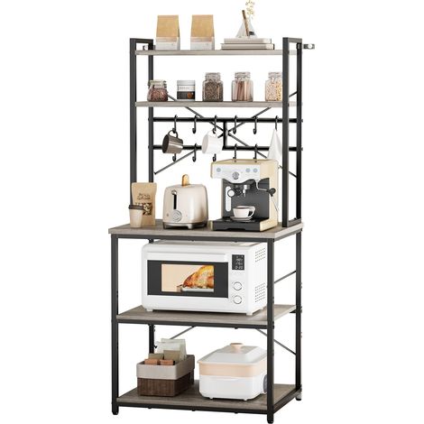 Étagère de Cuisine, Meuble de Rangement 60x40x161,8 cm, 12 Crochets et Pieds Réglables, Support pour Micro Ondes, Bar à Café, Épices, Vaisselle, Multi Niveaux avec Tablette Réglable et Amovible (1/5)
