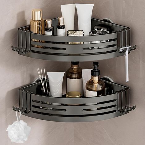 Etagere Angle Salle de Bain sans Perçage, Ventouses Puissantes, Alu Antirouille Amovible, étagère douche angle pour Douche & Cuisine (Lot 2, Gris Gunmetal) (1/5)
