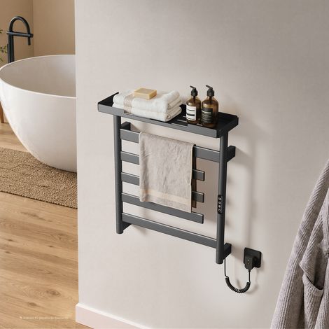 EMKE Elektrischer Handtuchheizkörper 66 × 58 cm Gunmetal-Grau 135W – WLAN-Steuerung, 180° drehbare Heizstäbe, mit Ablage Badezimmer (1/5)