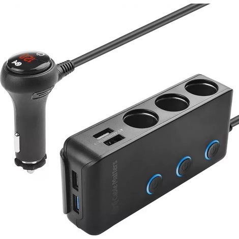 Adaptateur Voiture 12 V 24 V - Multiprise Allume-Cigares 3 Prises - 4 Ports USB - Indicateur LED Tension Batterie - Fusible Réarmable 15 A (1/5)