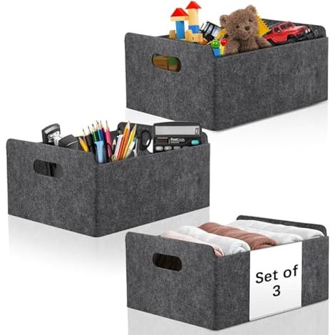 Lot de 3 paniers de rangement en feutre, boîte pliable en tissu avec poignée, boîtes de rangement pour armoire, organiseur de tiroirs pour vêtements, petit panier gris pour étagères, chambre, bureau
