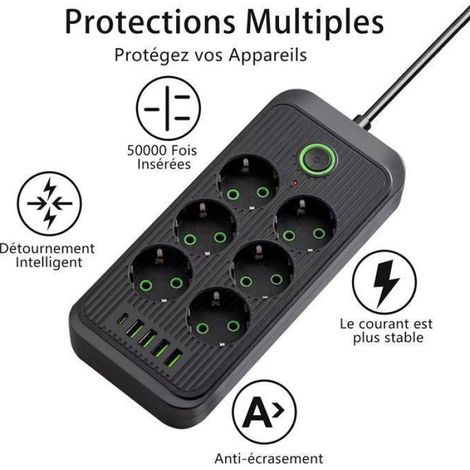 Multiprise Electrique - 6 Prises - 5 Ports USB (4x USB-A + 1x USB-C) - Câble 2 m - Interrupteur Intégré - 2500 W (1/5)