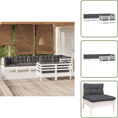 8-tlg. Garten-Lounge-Set mit Kissen Weiß Kiefer Massivholz - Garten Lounge Set - Kiefernholzmöbel - Outdoor Möbel - Gartengeräte - Loungemöbel (1/5)