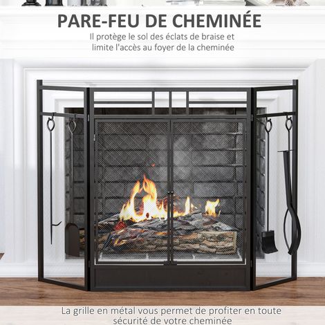Pare-feu cheminée 2en1 avec serviteur - Acier noir pliable 3 volets et porte magnétique + pince tisonnier pelle balai (1/5)