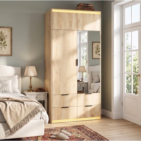 Armoire 2 portes avec miroir et éclairage LED, 90 x 47 x 200 cm, MDF, aspect chêne REDOM (1/5)