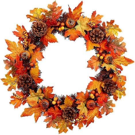 Guirlande de porte pour Thanksgiving avec citrouilles artificielles, feuilles d'érable et pommes de pin - Décoration saisonnière pour la maison ws (1/5)