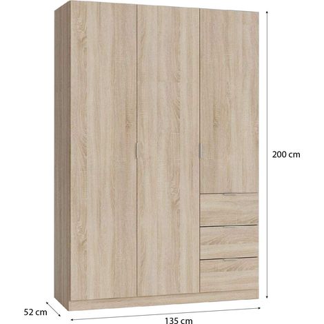 Armadio Guardaroba Vestiti 3 Ante Battenti 4 Ripiani E 3 Cassetti Con Barra Appendiabiti Salvaspazio Per Camera Da Letto Stanza Matrimoniale Design Moderno 200 x 52 x 135 Cm Colore Rovere Canadese - C (1/5)
