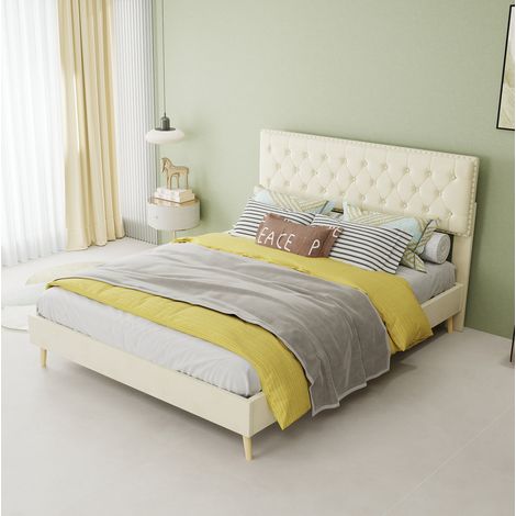 Cama moderna minimalista 140x200 cm en tela beige con cabecero alto acolchado y somier de láminas (1/5)