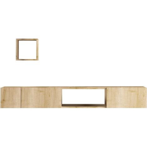 Ensemble meuble TV suspendu 3 portes 3 niches effet Chêne 180 cm + étagère murale - Cleo
