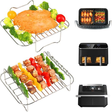 Lot de 2 supports de friteuse à air comprimé pour Flexdrawer double 10,4 L, accessoires pour friteuse à air comprimé, avec 5 brochettes à kebab, grille en (1/5)