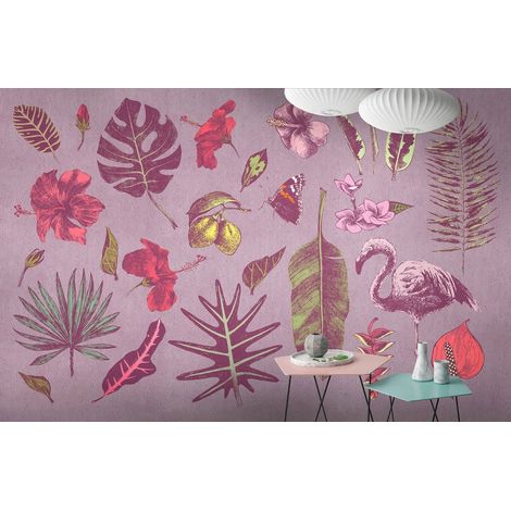 Papier peint panoramique tropical violet | Tapisserie panoramique à motif feuille & oiseaux | Papier peint panoramique exotique pour salon & escalier - 270 x 400 cm (4 pièces) (1/5)