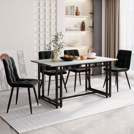 Tavolo da pranzo nero 140x80 cm con set di 4 sedie, set tavolo da pranzo da cucina moderna, sedie da pranzo in velluto nero, tavolo con gambe in ferro nero (1/5)