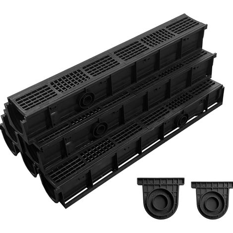 Lot de 6: 1000x155x140mm Caniveau Terrasse en PEHD Noir avec Grille, B125 caniveau extérieur de Drainage en PEHD, 6m, pour l'allée, Le Jardin, la terrasse, Le Garage, Le Cour (1/5)
