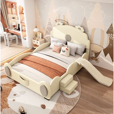 Lit enfant 140x200 avec toboggan ours PU beige HAVRYA (1/5)