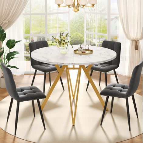 Juego de comedor de 5 piezas (100x100x76 cm), mesa redonda con 4 sillas, tablero con efecto mármol, patas metálicas ajustables, MDF y lino, dorado y gris (1/5)