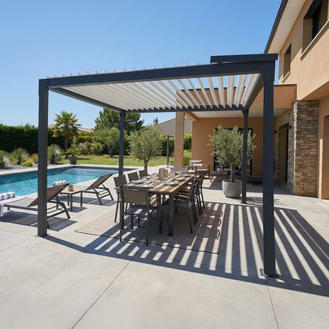 Pergola bioclimatique autoportante BERYL (Motorisation à télécommande - Gris anthracite RAL 7016 (armature)  Blanc RAL 9010 (lames) - 3.50 x 4.00 m)