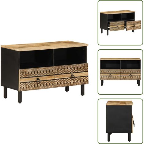 vidaXL Meuble TV noir 70x33,5x46 cm bois massif manguier brut