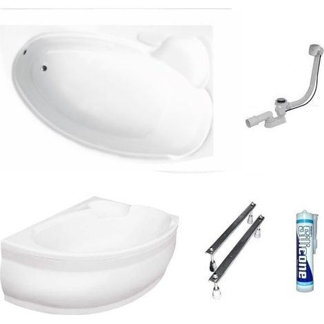 ECOLAM Baignoire d'angle en acrylique Finezja 140x95 cm  version droite  tablier en acrylique  pieds siphon et silicone baignoire confortable  set complet