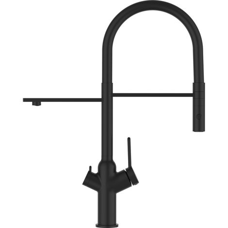 Robinet de Cuisine Mitigeur 3 voies noir mat bec noir orientable et douchette 2 jets detachable BOD VIZIO (1/5)