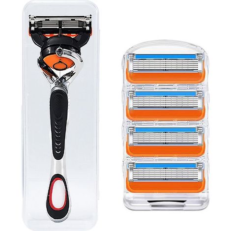 Elektrische Herrenrasierer - 5-lagige manuelle Rasierklingen für Herren - Kompatibel mit Gillette Rasierern (1 Packung mit 4 orangefarbenen 5-lagigen Klingen + 1 Rasierergriff aus Kunststoff + Aufbewa (1/5)