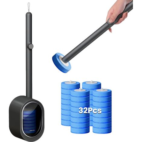 Brosse WC Jetable avec 32 Têtes de Rechange, Suspendu Brosse Toilette Jetable avec Nettoyant Intégré, Kit de Nettoyage de Toilettes avec Support Mural (Ensemble Brosse WC Gris foncé + 32 recharges) (1/5)