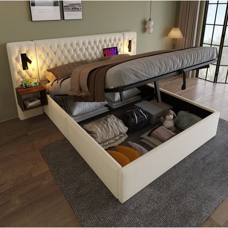 Letto contenitore 180x200 cm beige in velluto con comodini, luci da lettura e ricarica USB-C (1/5)