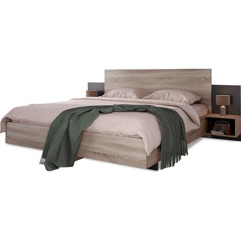 Doppelbett Holzbett Bettanlage 160 x 200 cm mit 2 Nachtkommoden Modernes Bett inkl. 2 Nachttischen Schlafzimmer Komplett-205.5x235x76.5 cm(T/B/H) Set in Eiche Sonoma/Dunkelgrau