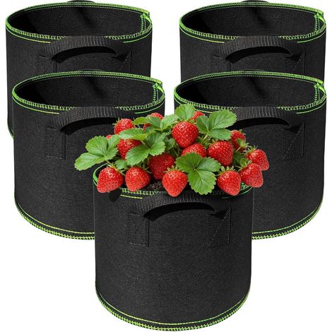 Sac de Culture 5 Gallons 19L en Tissu Non Tissé avec Poignées, Pot en Tissu Aéré pour Tomates, Pommes de Terre, Fraises, Jardin et Balcon, Noir, Lot de 5 (1/5)