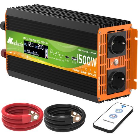 1500W Convertisseur Pur Sinus 12V 220V Onduleur Transformateur 2 Prise EU De Courant Alternatif,Ports USB+TYPE-C,Télécommande sans Fil Et écran LCD, Pour Voiture, Camping, Voyage (1/5)