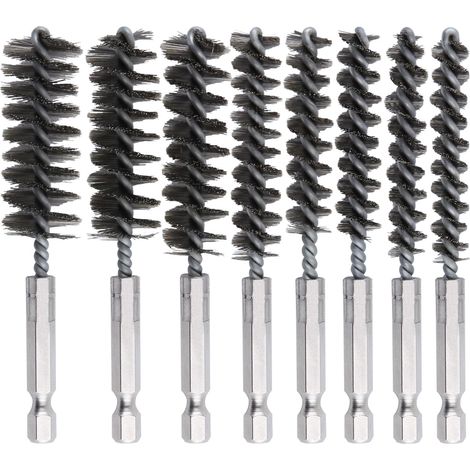 8 pcs brosse d’alésage en acier inoxydable avec tige hexagonale 1/4 "Brosse à fil torsadé Brosse de nettoyage de fil Nettoyant pour perceuse électrique Tournevis à percussion (8-19mm) (1/5)