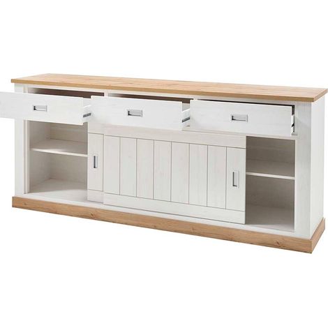 Mobile Buffet Credenza Con 3 Cassetti 2 Ante Scorrevoli E 4 Ripiani Interni Madia Per Cucina Soggiorno Zona Living Design Classico Moderno 220 X 50 X 95 Cm Bianco E Rovere (1/5)