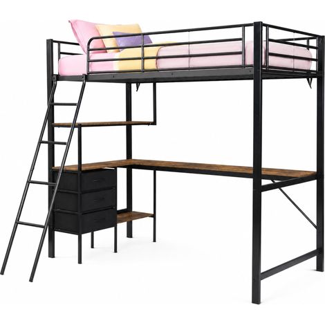 Lit mezzanine 90x200 cm avec bureau 2 m, 3 tiroirs, échelle inclinée 4 marches, structure métal et panneau de particules, noir et bois foncé - CHICFURN (1/5)