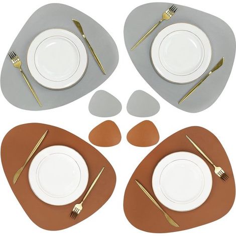 Set di 4 tovagliette - Tovagliette - Sottobicchieri - Set di tovagliette e sottobicchieri - Tovagliette in pelle - Sottostrato idrorepellente - Marrone, Grigio (1/5)