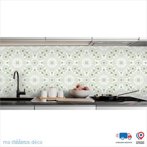 Crédence : Carreaux de ciment fleurs - Couleur Vert blanc - Alu composite - 60 - 120 (1/3)