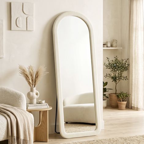 HOMCOM espejo de cuerpo entero 60x160 cm con marco arqueado aterciopelado, de pie o pared, vidrio templado, blanco crema (1/5)