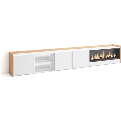 Skraut Home - Mobile TV Soggiorno, Ampio spazio a disposizione, 315x35x50cm, Per TV fino a 80", Camino elettrico XXL, LED, Stile moderno, Bianco e Rovere soft (1/5)