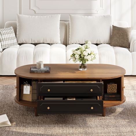 Table basse 100x50x36 cm couleur noyer en panneau de particules avec 2 tiroirs, 2 portes roulantes et 4 pieds (1/5)
