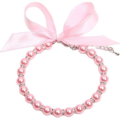 BelleRise - Collier ras-de-cou en perles, convenant aux chats et aux chiens, orné de paillettes et d'un nœud en ruban (S, Rose) (1/5)