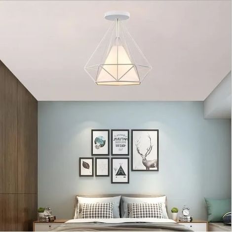 Lot de 2 Plafonnier en Cage Diamant Industrielle Blanc Lustre Plafonnier Vintage en Métal 25CM pour Salon Chambre (1/4)